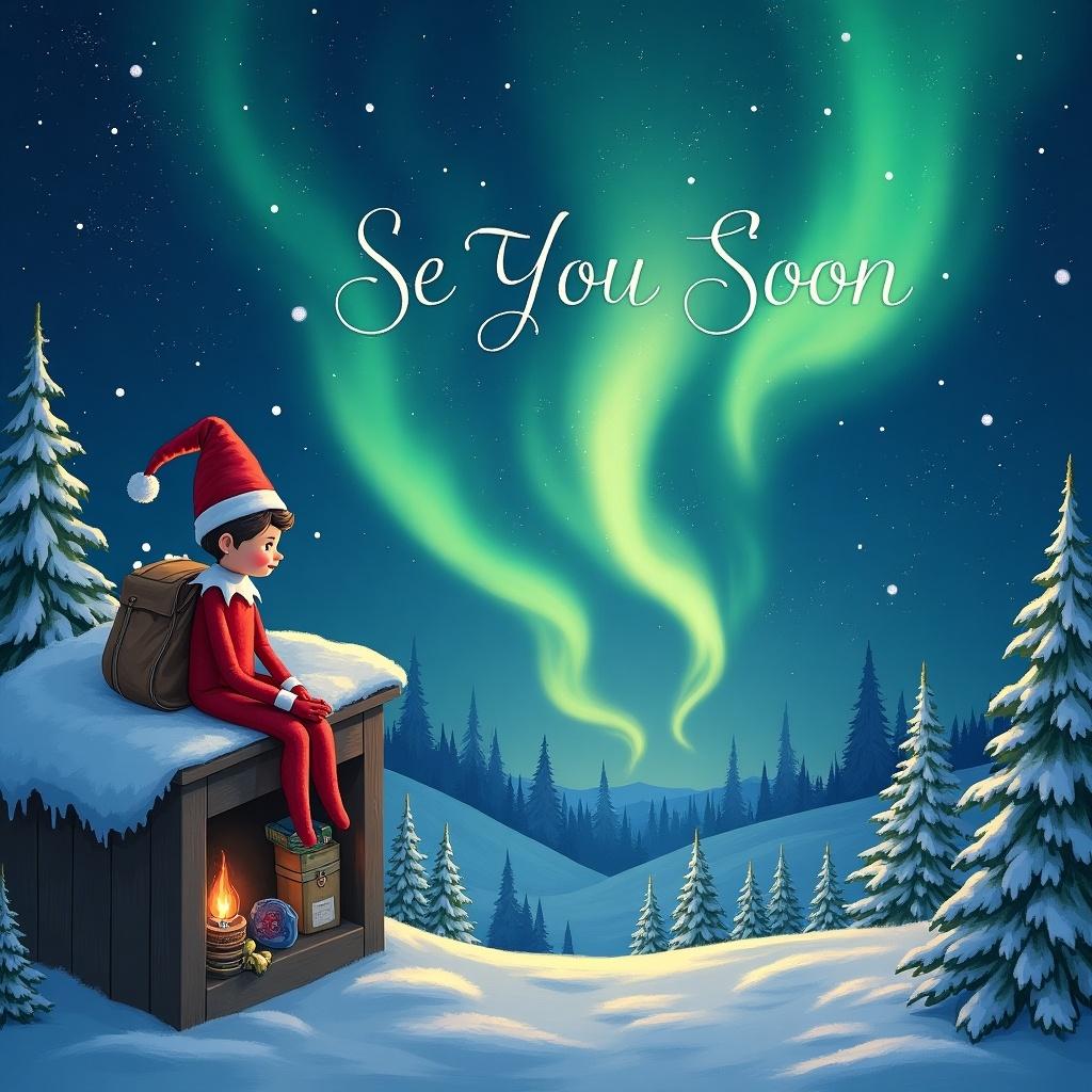 The image depicts an elf dressed in red sitting on a wooden crate by a snowy landscape. The elf gazes up at a beautiful display of northern lights in the night sky, creating a magical ambiance. Above the elf, the words 'See You Soon' are scripted elegantly in white. Pine trees blanket the background, enhancing the wintry scene. The lighting illuminates the elf, creating a cozy, enchanting feel. This illustration captures the essence of the holiday spirit and is perfect for festive decorations or greeting cards.