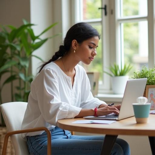 A young Indian mother sits at a desk in a sunlit office wearing a white cotton kurti and fitted blue jeans. Hair tied in a low braid. She types on a silver laptop. Beside her is a coffee mug and in the background is a photo frame with a child's drawing. The office is warm and minimalistic with indoor plants and a calm atmosphere.