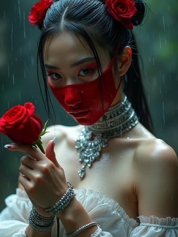 Close-up portrait of young woman in 20s. Intricate makeup. Red face mask. Hair styled in buns. Adorned with red flower. Dark rainy setting. Dressed in white top. Drenched with water droplets. Showcases form-fitting bodice. Neckline emphasized. Fabric glossy and wet. Ornate silver necklace. Intricate designs. Silver armbands and bracelets. Red tones contrast with rose. Intense dramatic lighting. Focus on close-up portrait. Blurred background. Mysterious intense mood. High-detail and dramatic lighting.