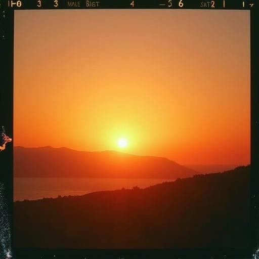 Sunrise captured with a Polaroid camera. High contrast and vibrant colors. Clear view of hills and water in the background.