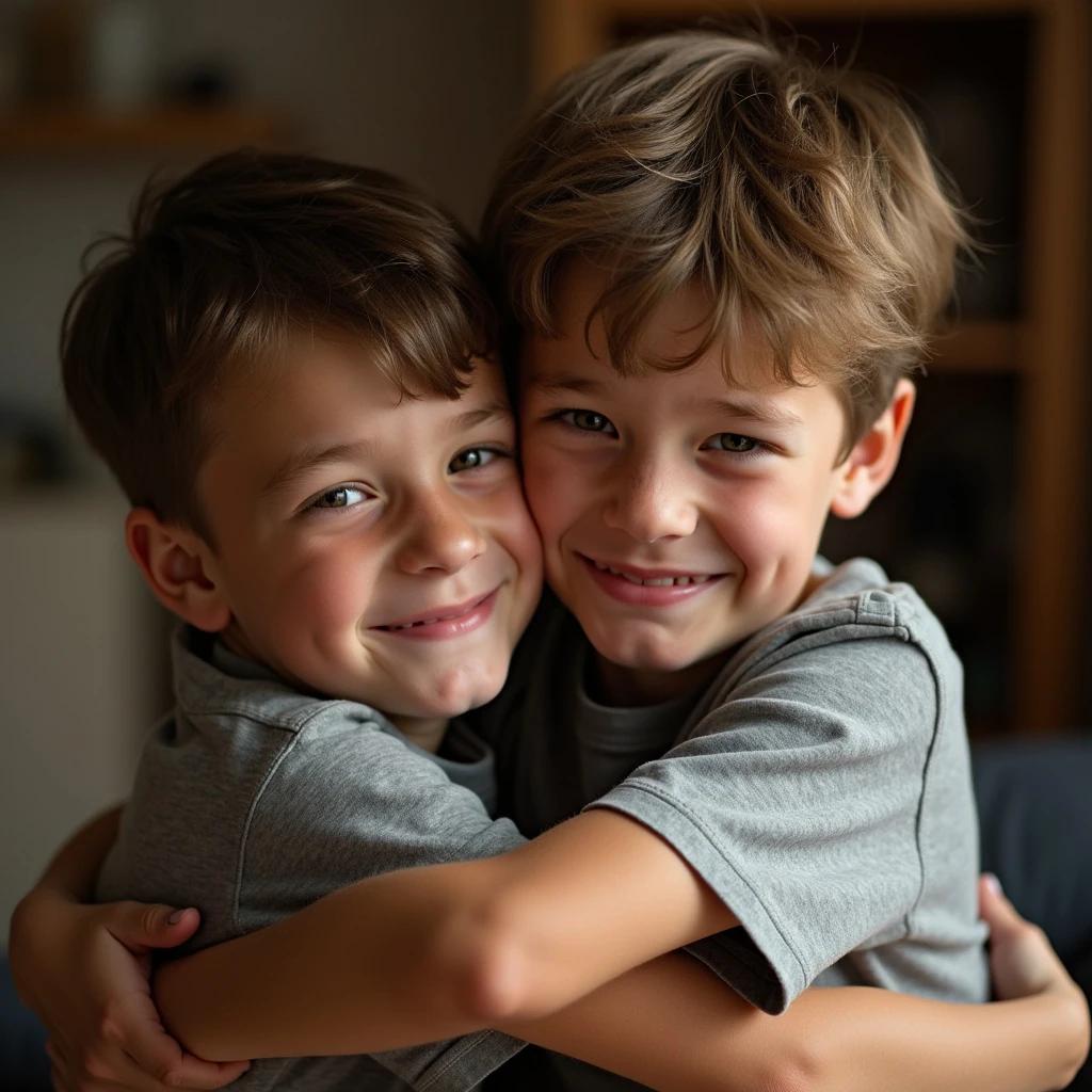 Two boys embrace tightly. They look happy. One boy has tears in his eyes. They wear casual clothing in a cozy indoor space.