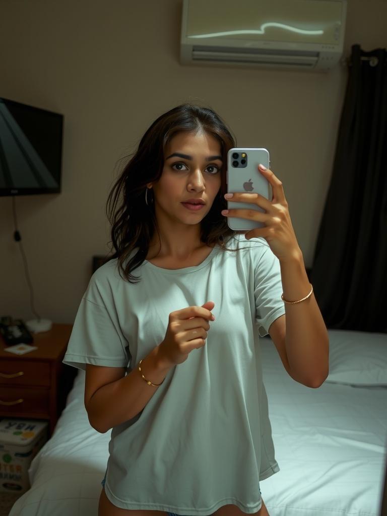 A woman taking a mirror selfie in a softly lit room.