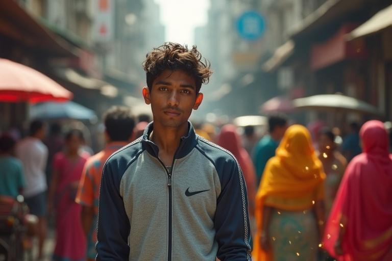 A young man walks through a crowded Kolkata market. He has wheatish skin and tousled hair. He wears a grey track jacket. The environment is filled with street vendors and colorful sarees. Rickshaws add to the lively ambiance. Sparks flicker subtly around his hands.