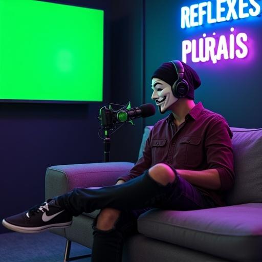Man seated on gray couch in podcast studio. Guy Fawkes mask worn. Maroon shirt and ripped black jeans. Black sneakers with white soles. Speaking into black microphone. Headphones on and beanie worn. Neon sign with 'REFLEXÕES PLURAIS'. Large green screen TV nearby. Purple LED lights in tech-inspired atmosphere. Relaxed posture with crossed legs.