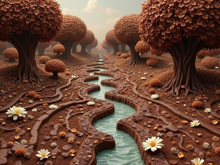 A whimsical landscape featuring a winding river surrounded by chocolate trees. Scene includes chocolate flowers and chocolate grass. A fantasy theme is portrayed with chocolate birds and squirrels as part of the environment. The entire setting is richly colored in browns and tans.