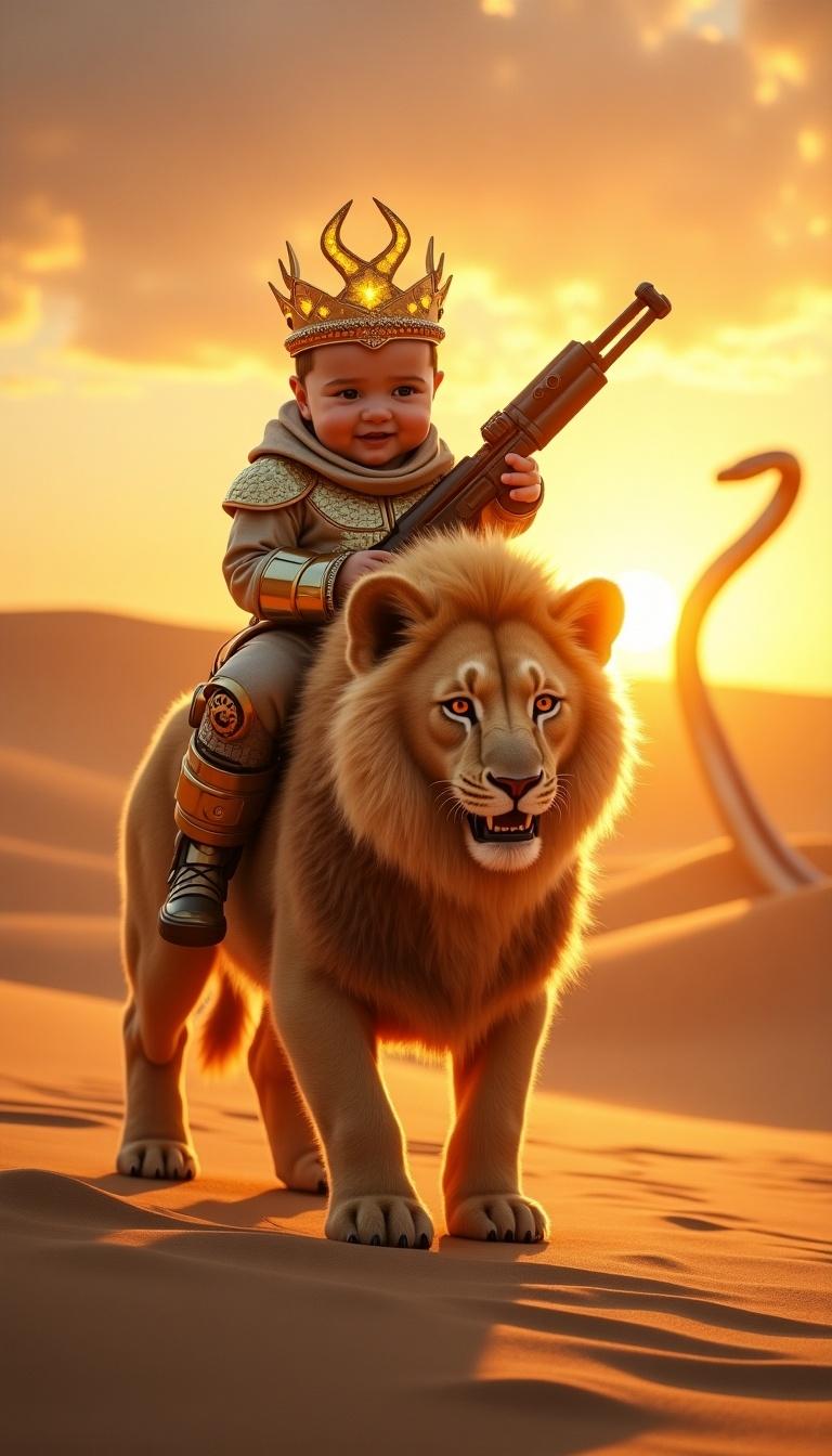 A highly detailed digital artwork set in a mystical desert at sunset. A heroic baby in a futuristic military uniform rides a fluffy mutant lion cub. The baby wears a glowing crown and holds a high-tech weapon, symbolizing courage. The lion cub has golden fur glowing in sunlight with a determined expression. A giant snake rises from the sand dunes in the background. The scene captures bright colors and intricate details focusing on the baby and cub against a majestic sunset backdrop.