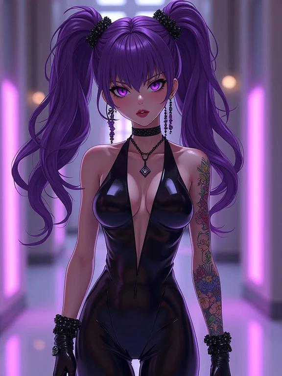 Anime character in a high-tech, neo-futuristic setting. Elegant woman with amethyst purple hair stands confidently. Sporting a black bodysuit designed for an assassin. Training in a luxurious dojo filled with advanced technology. Feature colorful tattoos and elegant amethyst jewelry. Holding a unique dagger powered by black hole energy. Serious and determined expression.