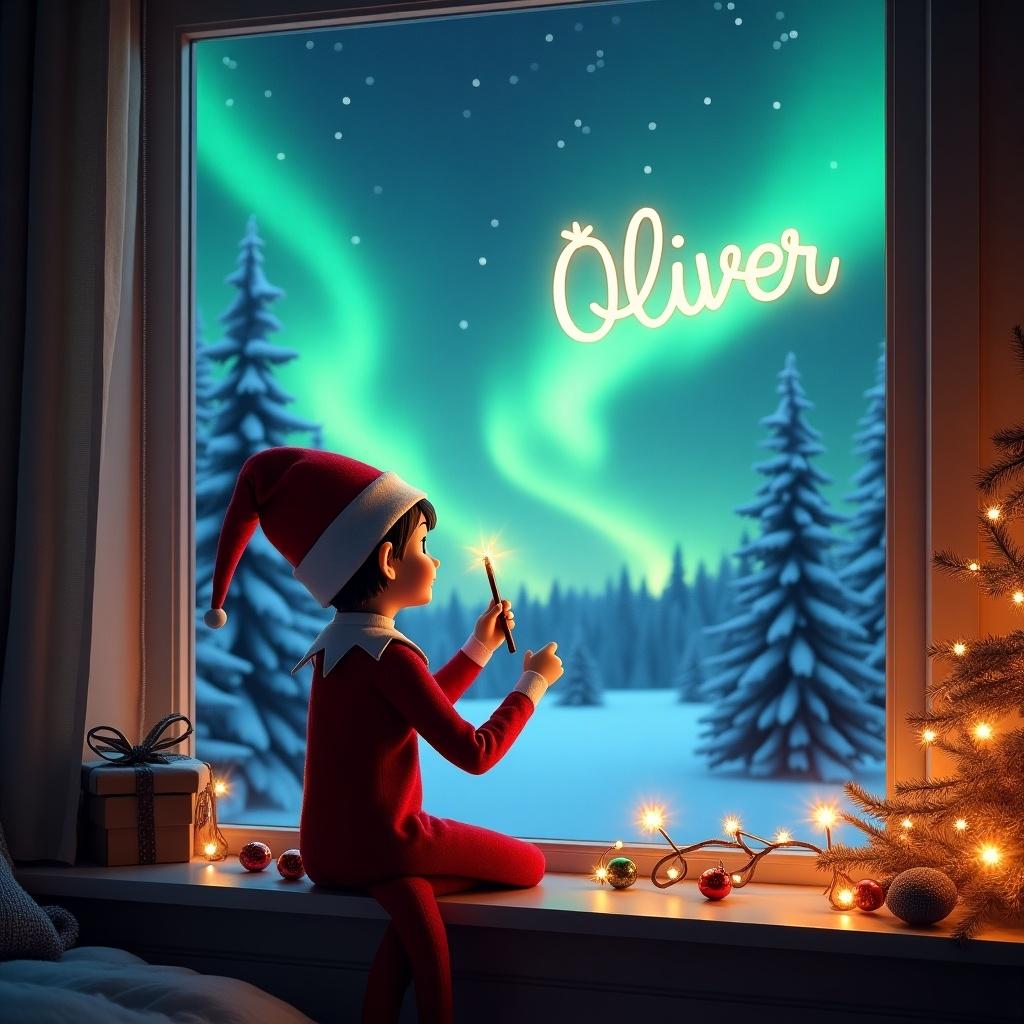 The image features a girl elf on the shelf, positioned with her back to the viewer. She gazes out of a window into a magical Christmas night. Using a wand, she writes 'Oliver' in the sky. The backdrop showcases the Northern Lights in vibrant hues. Outside, snow-covered trees create a beautiful winter wonderland. The cozy room is decorated for Christmas, adding to the festive spirit.