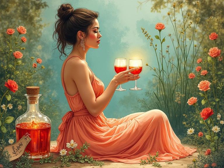 Stylized advertisement of a 1920s speakeasy. Radiant venus goddess in a transparent flowing silk dress meditating. Surrounded by wildflowers and herbs. Toasting with tasting glasses of reddish herbal liqueur. Emphasis on relaxation and escape from stress. Foreground features an apothecary-style spirit bottle with tag labeled 'ALFRUNO'. Vibrant illustration with earthy tones and whimsical style.