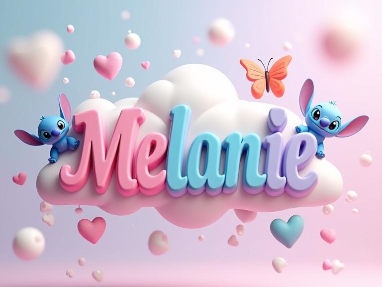 A 3D render of the text 'Melanie' floating in the air. Colorful splashes of 3D paint surround the text. Two butterflies and a cute fluffy Stitch image are present. Small hearts float in the air. A realistic cloud is surrounded by soap bubbles. Candy decorations are included. The background features a pastel gradient.