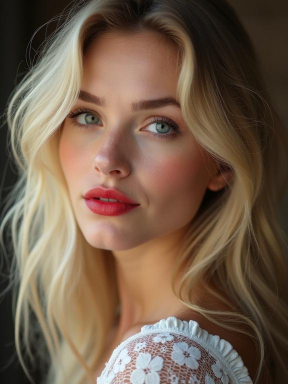 Portrait of a beautiful blonde Turkish woman. She is 18 years old. She has green eyes. She wears red lipstick. Natural beauty is highlighted with no makeup. Image resembles a shot taken by an iPhone 16.