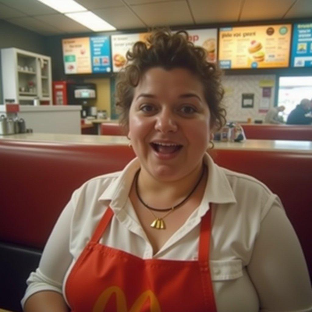 Bodycam footage in a fast food restaurant with a woman charging at the camera. She is about to throw food at the lens. Restaurant interior visible in the background.