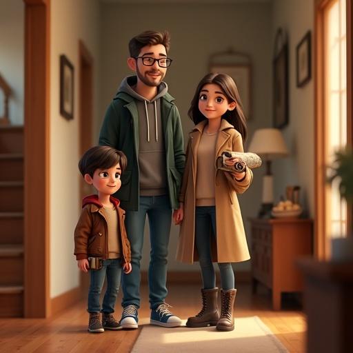 A family stands in a cozy hallway. The father wears a dark green jacket and glasses holding a telescope. The mother wears a beige coat with an old carpet. The daughter wears a brown leather jacket with an old camera. The son wears a red hoodie with a sailor's journal. The family appears excited after visiting the market. The hallway has wooden floors and a warm interior with a staircase.