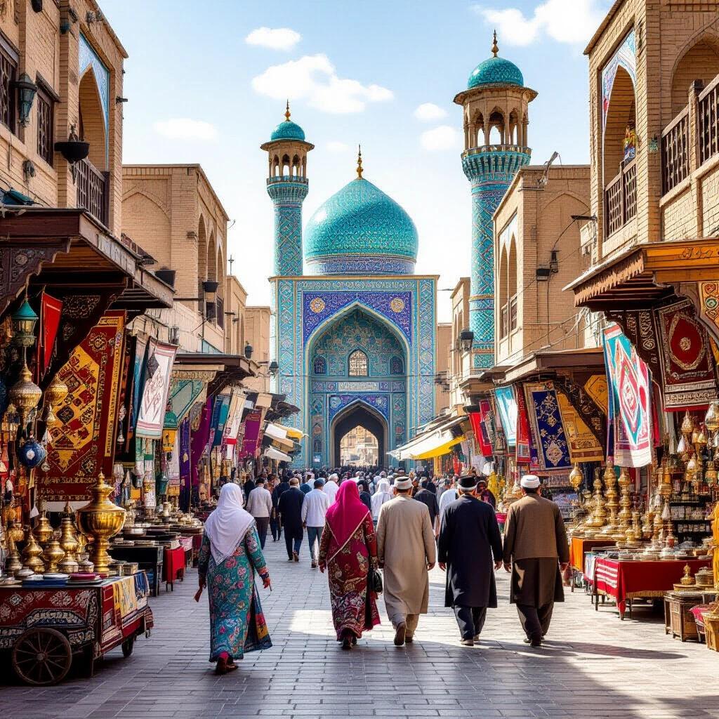 Traditional Iranian city with authentic Persian architecture and turquoise domes. Street filled with people in regional clothing. Women in colorful dresses and men in traditional vests. Persian carpets hang from balconies. Bazaar featuring copperware and spices. Brass samovar on a vendor's cart. Calligraphy decorates walls with Zagros mountains in the distance. Potted geraniums on windowsills and tiled fountain in center. Rich atmosphere of culture and tradition.