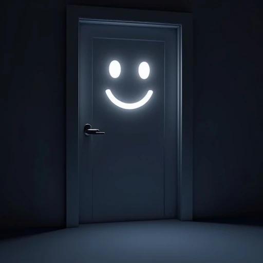 An isolated room representing a gaming environment. The locked door has a frosty smile glowing in white light. Dark surroundings create contrast with the illuminated symbol.