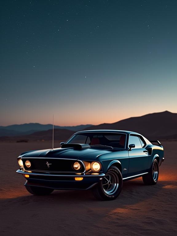 Vintage muscle car in a desert landscape at dusk with a starry sky above. Emphasizes dramatic lighting and classic aesthetic. Captured in a vertical orientation with high detail suitable for mobile wallpaper.