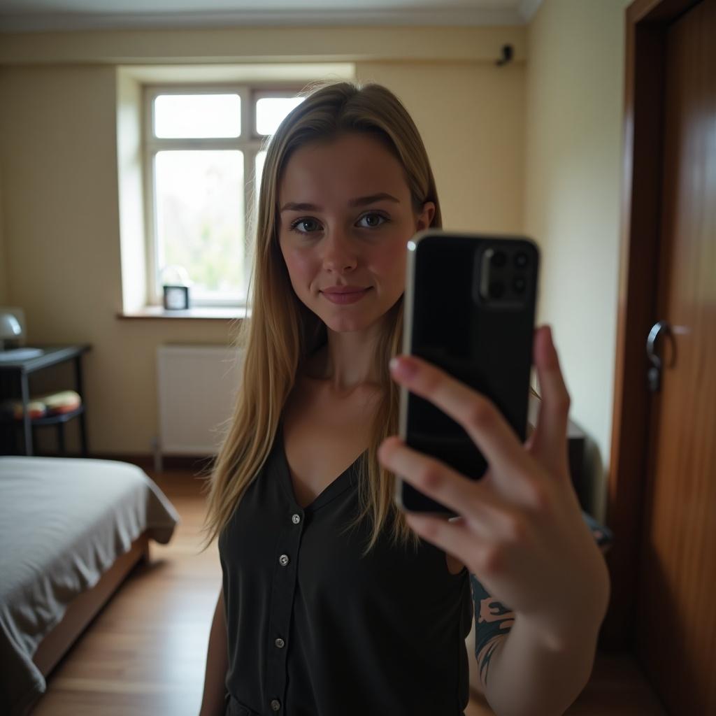 An 18-year-old Russian girl in a modest bedroom taking a selfie. The room has simple decor including a plain bed and a small table. Minimal lighting is provided by natural daylight through the window. The girl is dressed casually, holding the phone with one hand and looking relaxed into the camera. The scene emphasizes authenticity with muted colors and minimal distractions.