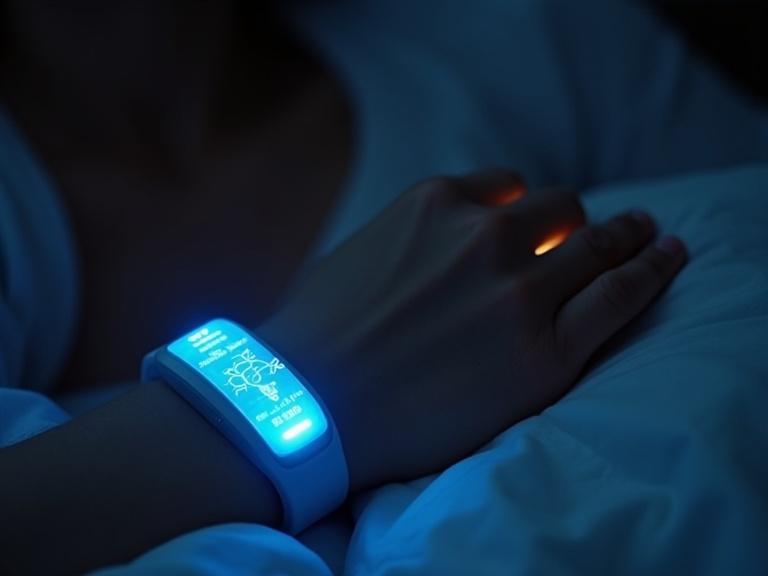 Wearable device glowing while analyzing real-time sleep quality metrics on skin contact