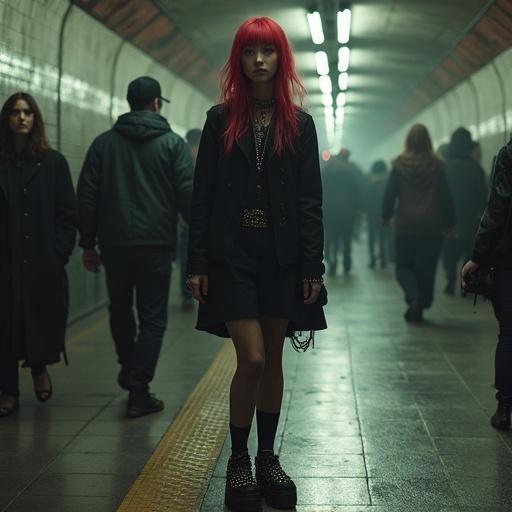 Goth-punk woman in a dingy subway. Red hair, wearing 8-inch chunky thick soled leather studded flip flops. People are walking around fully clothed.