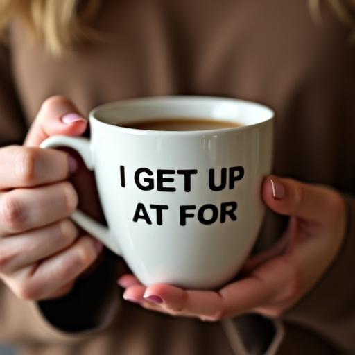 Lifelike image of coffee cup with text I GET UP 6. Word AT crossed out. Cup held by woman.