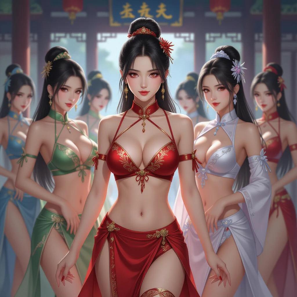 A large group of women inspired by classic Chinese xianxia. They have fair skin and resemble traditional Chinese aesthetics. They wear revealing clothing styled like bras and panties. The setting is their sect headquarters. Accessories are unique to their sect.