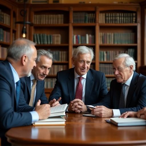 Group of well-dressed men in a library discussing. They hold books and notebooks around a polished wooden table. The setting has floor-to-ceiling bookshelves and classic furniture. Their attire reflects shared values of proper presentation.