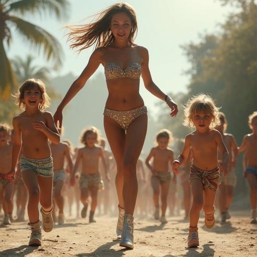 A woman in a shiny swimsuit is dancing joyfully. Children are running towards her, wearing old clothes. The setting has soft natural lighting. A gentle summer breeze is felt.