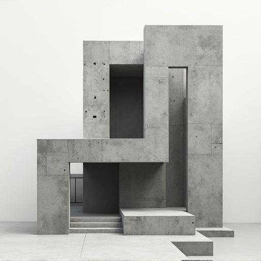 Brutalist minimalism showcased through various geometric forms. Dominance of gray colors with raw concrete textures. Architectural composition emphasizes starkness. Modern graphic art concept previewed.