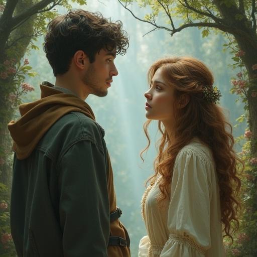 Semi-realistic illustration of a young man gazing at a golden-haired woman in a fantasy world.