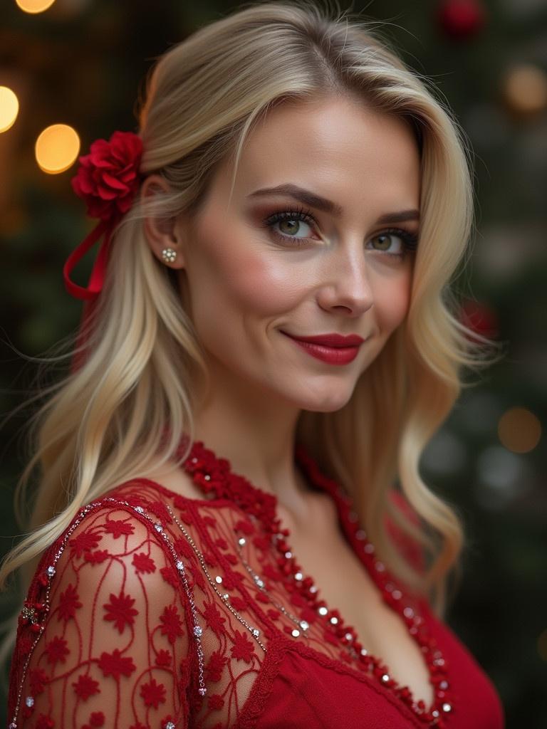 Profile view of an elegant woman in red dress with decorative elements. The background contains soft glowing lights creating a festive mood.