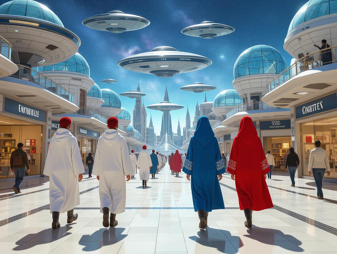Realistic 8K textured image of a pedestrian street in a galactic city with alien men and women. They have blonde, red, and dark hair with pointy ears and blue facial tattoos. They wear individual floor-length tunics in white, blue, and red. They have matching mid-calf boots. Galactic ships fly above them.