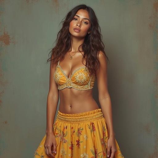 Female model wearing a decorated bra and a long skirt. The model has dark hair and is posing in front of a textured background.