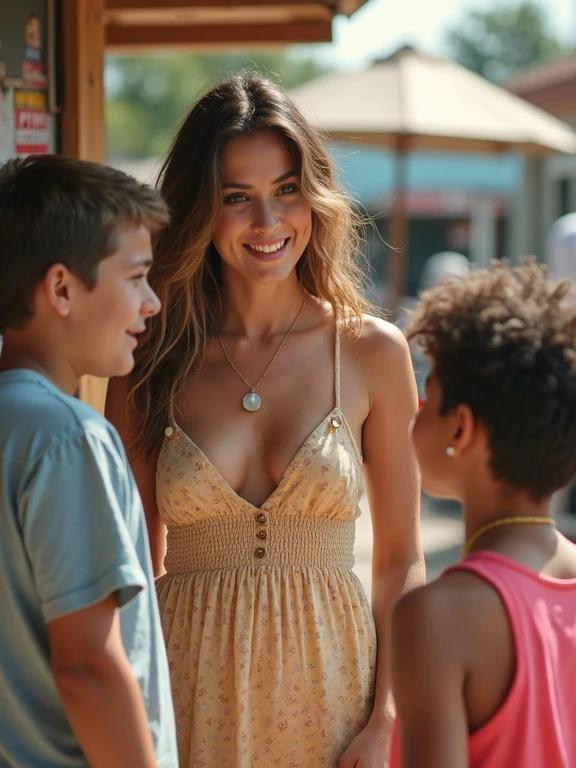 A woman wearing a sundress stands talking to two boys. They are near a neighborhood stand that says 'massages.' The environment is lively with a warm summer feel. The woman is styled casually, engaging with the boys. A relaxed atmosphere enhances the interaction.