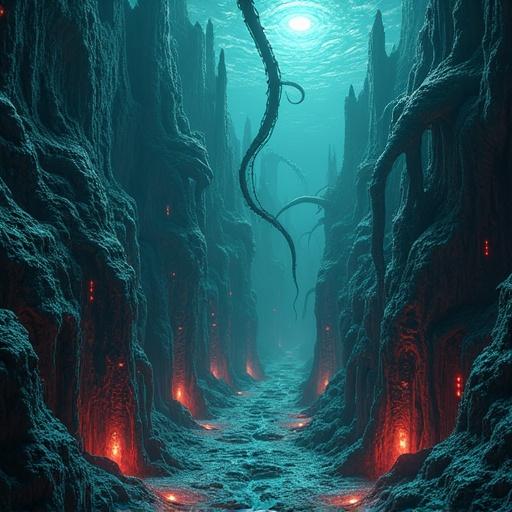 Terrifying biomechanical isometric lair in an ocean trench. Glowing tentacles stretch between spiked towers. Geothermal vents pulse red from below. Features living architecture with intricate depth and shadowed sections. Key elements include abyss core, tooth walls, and glowing trench eye.