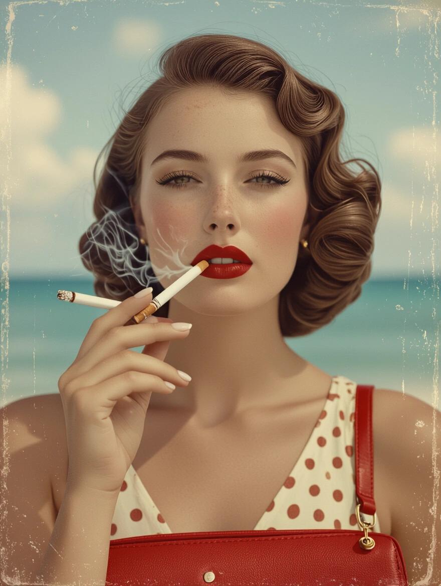 A hyper realistic photo capturing vintage summer vibes featuring a woman from the 1940s. She is holding an unlit cigarette and a red handbag. The scene has a sea background, styled as an artistic sepia old photo.