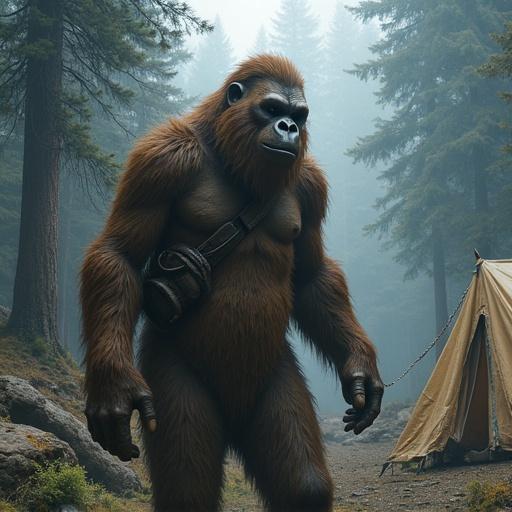 Bigfoot in the forest near a tent. Bigfoot appears angry. Tent looks disheveled. Surrounding trees provide atmosphere. Large creature stands out prominently.