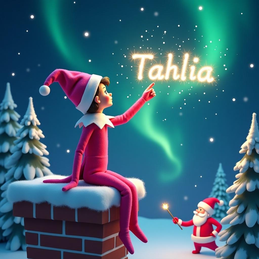 A pink elf is sitting on a chimney. The elf is writing the name 'Tahlia' in the night sky with a wand. Northern lights are glowing in the background. Snow-covered trees are nearby. Santa Claus is partially visible in the distance.