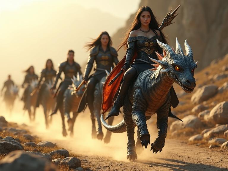 A group of warriors riding on baby dragons along a mountain road. The female protagonist has long black hair and a magical staff on her back. She wears a dark off-the-shoulder robe with silver accents and intricate patterns. The baby dragon is dark, spotted, with bright eyes and mist from nostrils. Dust rises behind as they move through a rocky landscape. The atmosphere is epic and determined with warm light.