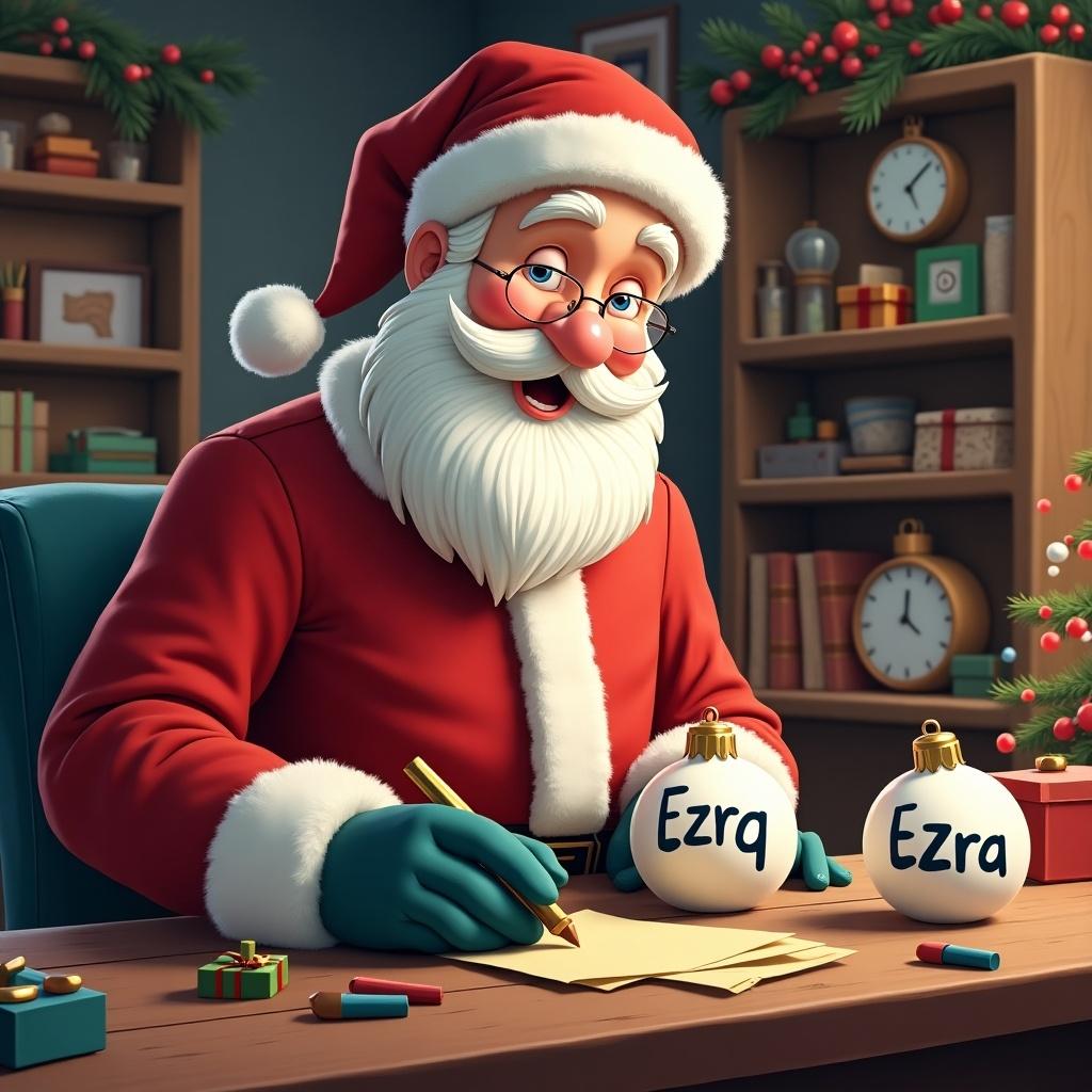 Santa Claus joyfully writes the name Ezra on Christmas baubles at a decorated desk.