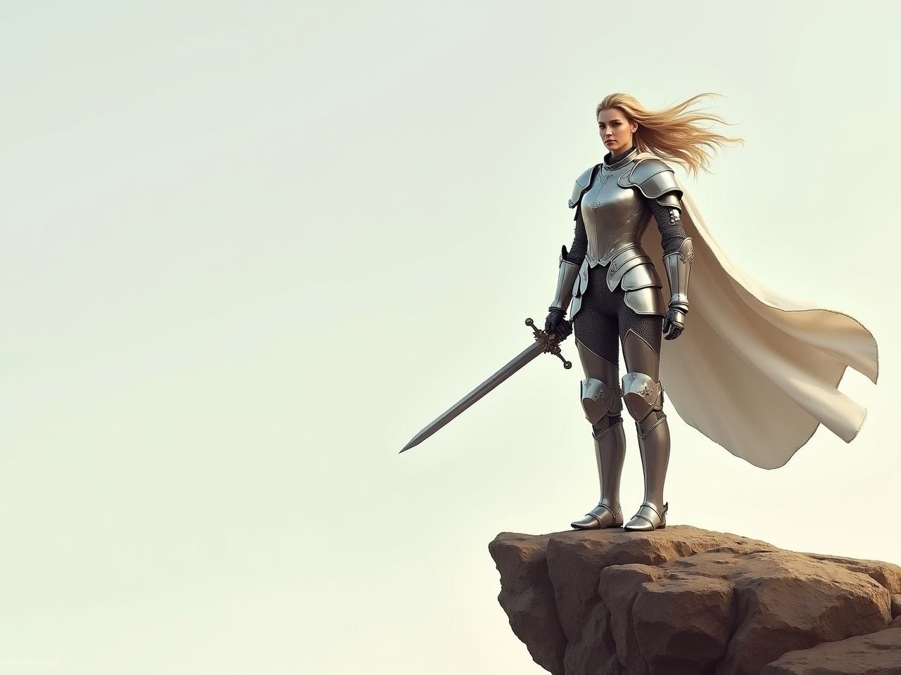 The image depicts a female knight standing confidently on a rocky outcrop. She is wearing shining armor that reflects the light, showcasing intricate details of her suit. In her right hand, she holds a long sword, resting it slightly behind her. Her hair is flowing gently in the wind, adding a sense of motion to the scene. The background is a pale sky, giving a sense of openness and adventure. The knight exudes strength and determination, embodying the spirit of a warrior.