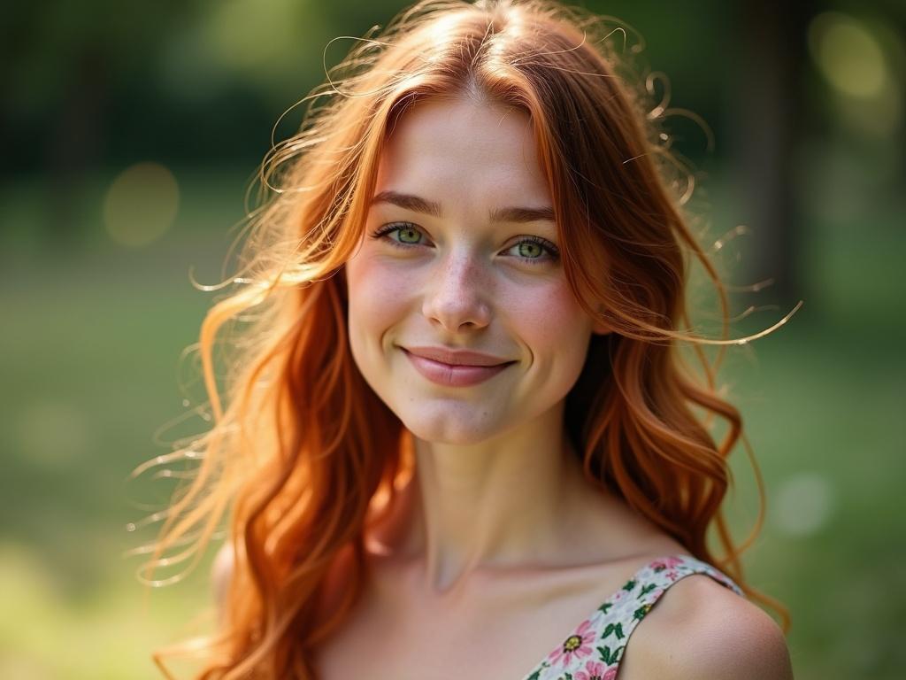 A seventeen-year-old girl with vibrant natural beauty. Long auburn-red hair in soft waves. Bright green eyes with a confident spark. Wearing a light floral sundress. Backdrop is a sunny outdoor setting. Captures a relaxed summer mood and graceful presence.