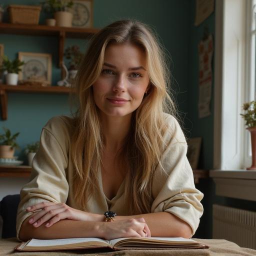 A woman sitting at a table with a book. She has long hair and is wearing a beige top. The setting has a teal background and plants. She looks relaxed and engaged in her reading.