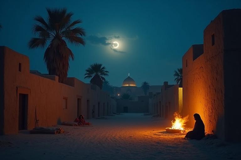 Night-time street scene in ancient Madinah. Dusty narrow streets illuminated by moonlight and a fire outside a Bedouin tent. A silhouette of a woman near a pot with crying children in the tent. Architecture shows mud and stone early Islamic-era buildings. Palm trees sway under the night sky. Glowing silhouette of the Prophet's Mosque dome in the distance. Deep blue and soft orange tones. Arabic calligraphy of 'Al-Adl' blended into the sky. Peaceful and emotional mood reflecting compassion and responsibility.