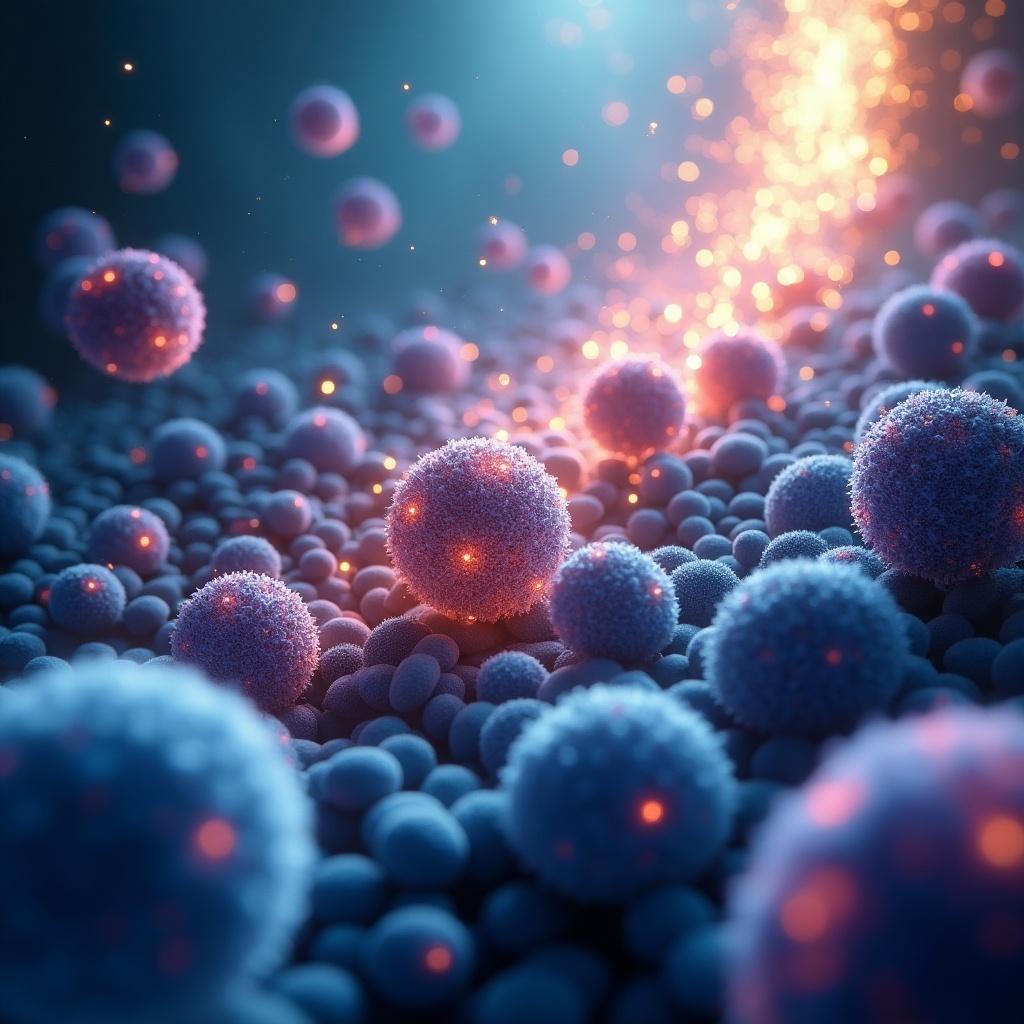 Visionary illustration of polymeric nanomedicine targeting cancer cells. Advanced glowing nanoparticles interact with cancer cells. Nearby healthy cells remain untouched. Symbols of research, including DNA helixes and upward arrows, represent medical progress. Clean, inspiring background with light rays suggest hope. Vibrant color palette of blues, purples, golds. Scene conveys optimism, progress, and potential of nanomedicine in cancer treatment. High-quality artistic style blends scientific accuracy with creativity. Light effects highlight activity among cells. Diversity of cancer cells included to show effectiveness across types.