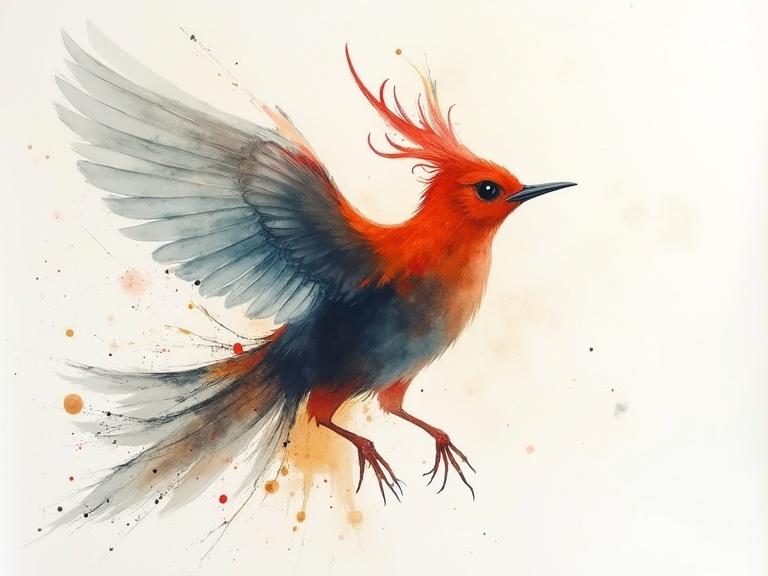 Artwork features a stylized bird in flight. The bird has red feathers with gray wings. It's painted in a watercolor style with expressive splashes and surrounded by white space.