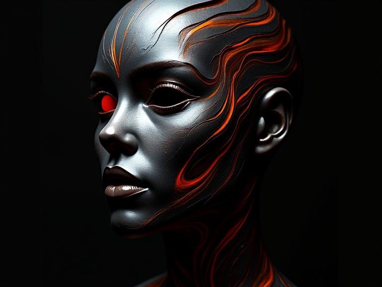 Image shows a stylised human face with a metallic, liquid-like texture. Features wave-like patterns in dark tones with orange and red highlights. Black background enhances the luminous look. The aesthetic combines technology and organic forms with a red eye.