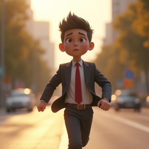 Young boy in office clothes running on busy urban street. Morning light illuminates the scene. 3D cinematic style with motion blur. Vertical frame features city background. Facial expression shows human-like emotional tension.