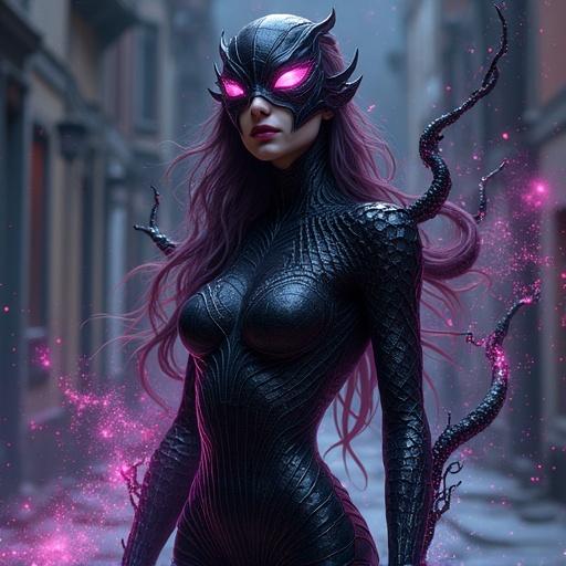 A woman wears a dark symbiote suit with tendrils. The art style blends dark gothic aesthetics with vibrant ultrarealistic colors. The image portrays a striking fusion of human and alien elements.