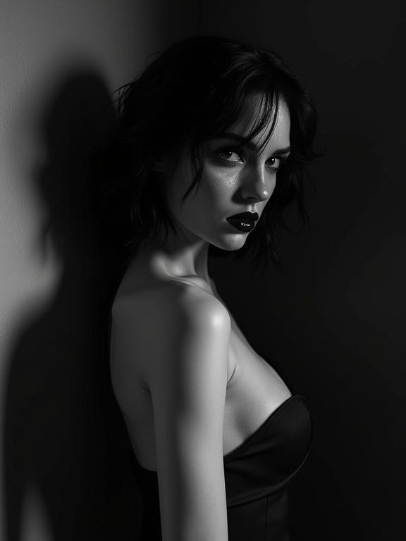 3D art masterpiece showing a striking nude black and white portrait. Gothic woman with dark allure and mysterious nature. Intense shadows and stark contrasts representing film noir aesthetic.