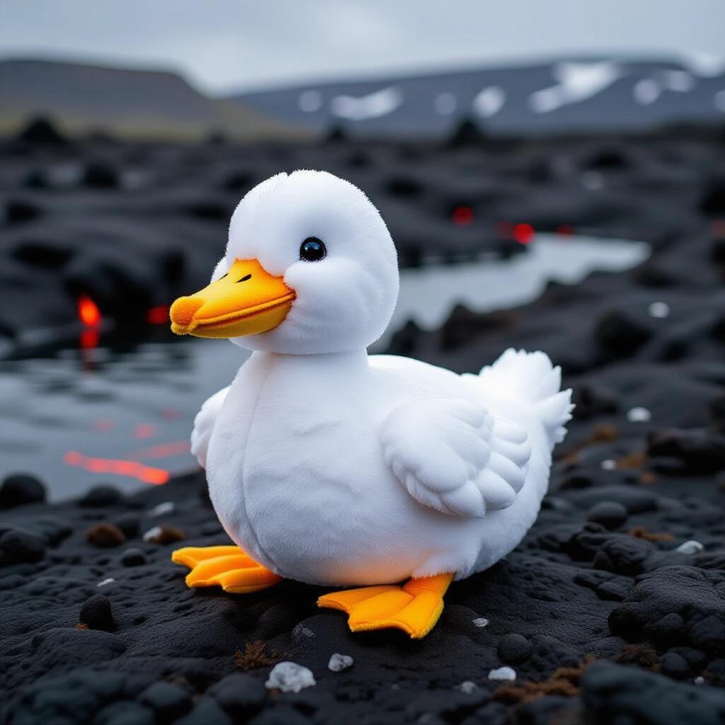 A soft plush duck situated on a lava pond. The duck is white with an orange beak and feet. The background features a dramatic black lava landscape with hints of red from bubbling lava. Ambient lighting creates a striking visual effect. Scene evokes a playful contrast between the soft toy and the rugged environment.